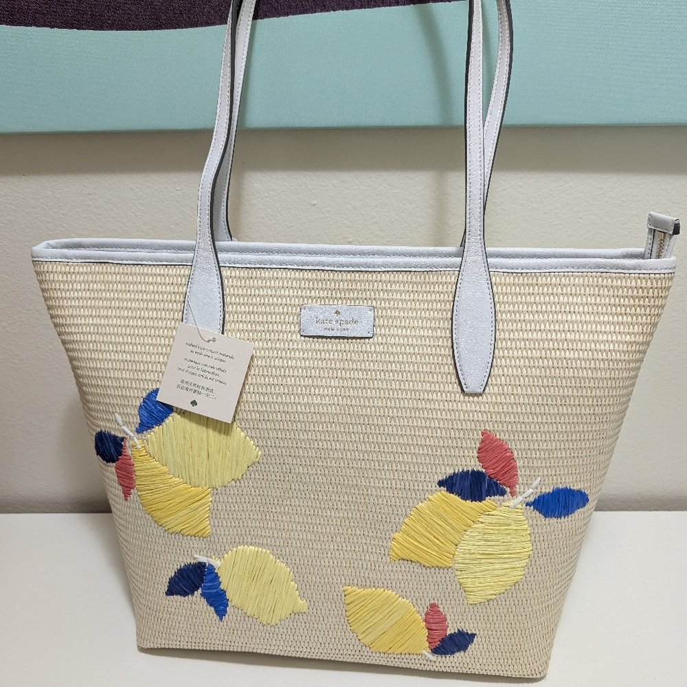 NWT Kate Spade Ash Straw Lemon Zest Large Multi Tote WKRU6715